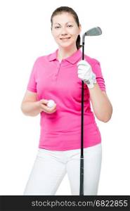 30-year-old girl with the equipment for the game of golf on a white background
