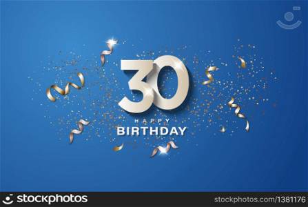 30th birthday with white numbers on a blue background. Happy birthday banner concept event decoration. Illustration stock