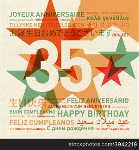 35th anniversary happy birthday from the world. Different languages celebration card. 35th anniversary happy birthday card from the world