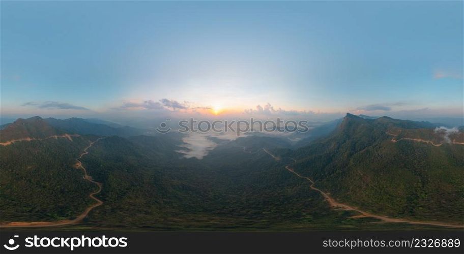 360 panorama by 180 degrees angle seamless panorama of aerial top view of forest trees and green mountain hills with fog, mist and clouds. Nature landscape background, Thailand.
