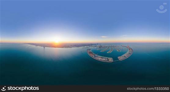 360 panorama by 180 degrees angle seamless panorama of aerial view of The Palm Jumeirah Island, Dubai Downtown skyline, UAE. Financial district and business area in urban city. Skyscraper buildings.