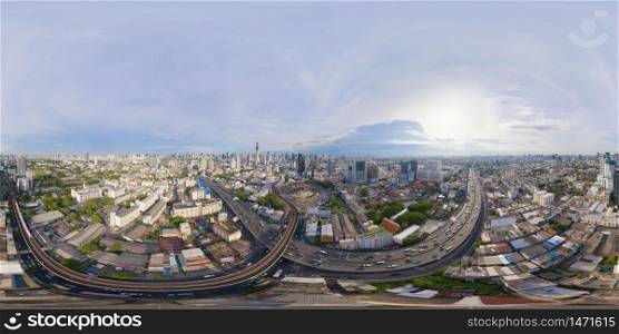 360 panorama by 180 degrees angle seamless panorama of aerial view of Victory Monument on street road in Bangkok Downtown Skyline. Thailand. Financial district in urban city. Skyscraper buildings.