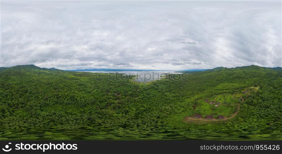 360 panorama by 180 degrees angle seamless panorama of aerial view of trees in tropical forest in national park and mountain or hill in summer season in Kanchanaburi district, Thailand. Landscape.