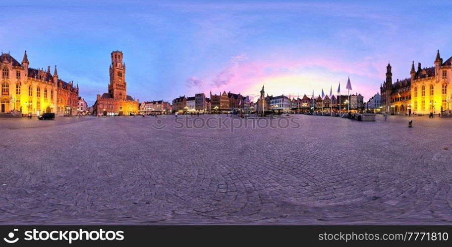 360 spherical panorama of Brugge Grote Markt square with famous tourist attraction Belfry and statue of Jan Breydel and Pieter de Coninck and Provincial Court illuminated at night. Bruges, Belgium. Brugge Grote Markt square with Belfry. Bruges, Belgium