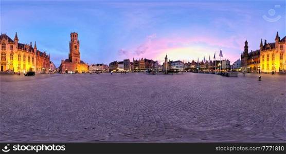 360 spherical panorama of Brugge Grote Markt square with famous tourist attraction Belfry and statue of Jan Breydel and Pieter de Coninck and Provincial Court illuminated at night. Bruges, Belgium. Brugge Grote Markt square with Belfry. Bruges, Belgium