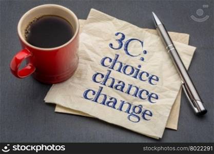 3C concept - choice, chance and change- handwriting on a napkin with cup of coffee against gray slate stone background