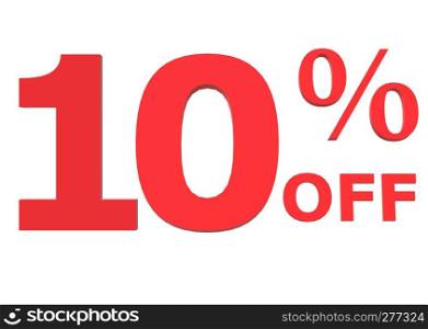 3D 10 percent off on white background. number 10 percent discount off sale. 3D illustration. Ten percent off. Discount 10 %.