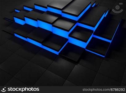 3D abstract background with black cubes with glowing blue edges