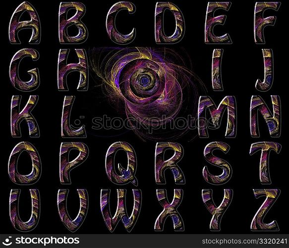 3d Abstract color swirl style American English Alphabet over black.