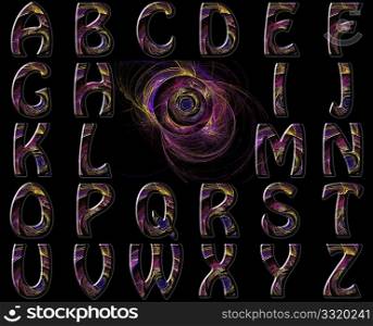 3d Abstract color swirl style American English Alphabet over black.