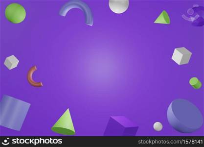 3D abstract colored geometric shapes on purple color background.