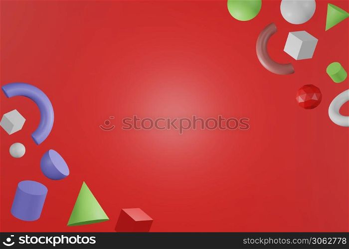 3D abstract colored geometric shapes on red color background.