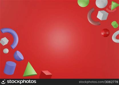 3D abstract colored geometric shapes on red color background.