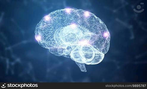 3D Abstract HUD brain and nervous system wireframe hologram simulation node with lighting on blue background. Nanotechnology and futuristics science concept. Medical and Healthcare. Intelligence and knowledge brain structure