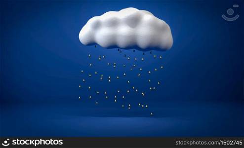 3d abstract illustratio of golden rain going from white cloud flying in blue studio.. 3d abstract render of golden rain going from white cloud flying in blue studio.