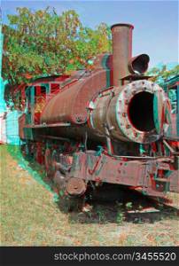 3D anaglyph stereo image of destroyed old-time locomotive. Havana,cuba. To view this image you need stereo glasses.