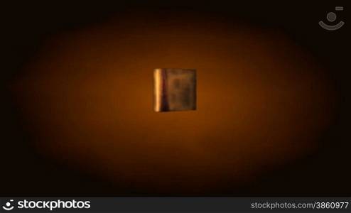 3D animation of old book fly in with brown background