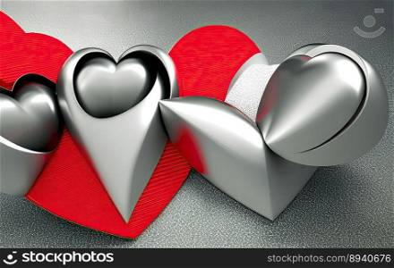 3D artistic silver metal heart shaped forms on red wrinkled cardboard and silver sandblast background, created with Generative AI technology.