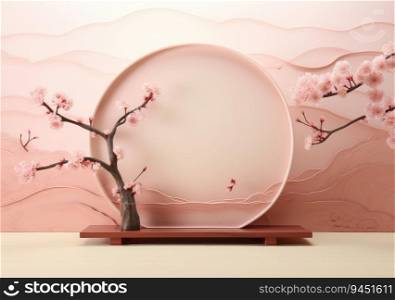 3D background, pink podium display. Sakura pink flower falling. Cosmetic or beauty product promotion step floral, pastel pedestal. Abstract minimal advertise. AI Generative.