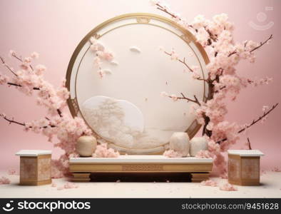 3D background, pink podium display. Sakura pink flower falling. Cosmetic or beauty product promotion step floral, pastel pedestal. Abstract minimal advertise. AI Generative.