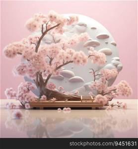 3D background, pink podium display. Sakura pink flower falling. Cosmetic or beauty product promotion step floral, pastel pedestal. Abstract minimal advertise. AI Generative.