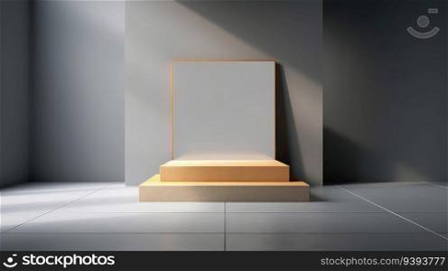 3d background products display podium scene with green leaf geometric platform. Product presentation, mock up, show cosmetic product.