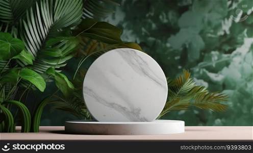 3d background products display stone podium scene with leaf. Marble podium. Product presentation, mock up, show cosmetic product.
