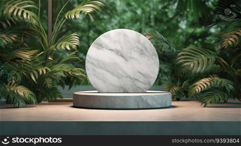3d background products display stone podium scene with leaf. Marble podium. Product presentation, mock up, show cosmetic product.