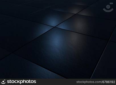 3D background with black stone tiles lit by blue and white light