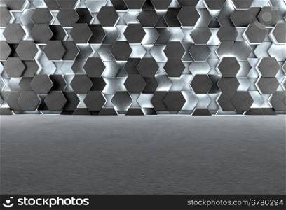 3D background with gray floor and illuminating concrete hexagons on wall
