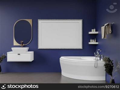 3D bathroom with white blank photo frame