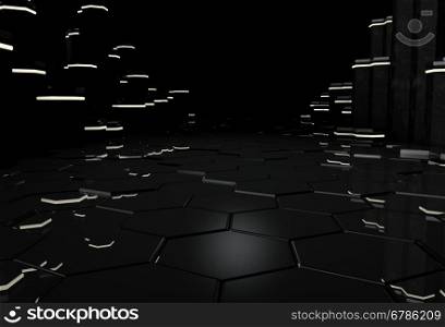 3D black interior with hexagonal floor and glowing columns