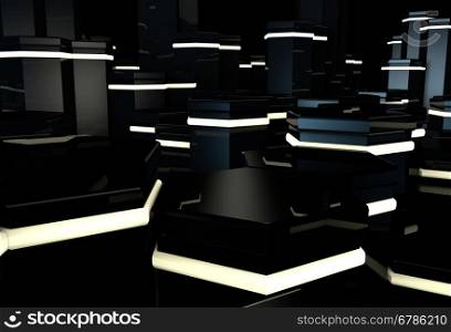 3D black surface with glowing hexagonal stone columns