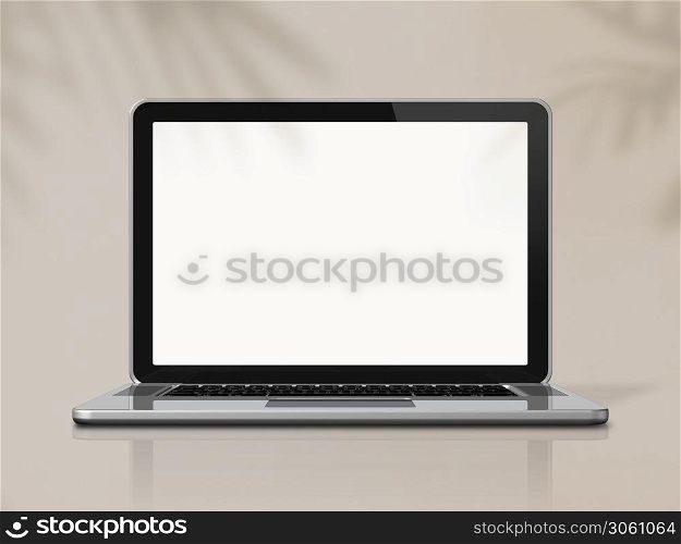 3D blank laptop computer isolated on office desk. Exotic palm leaf shadows on background. Illustration. Laptop computer on office desk
