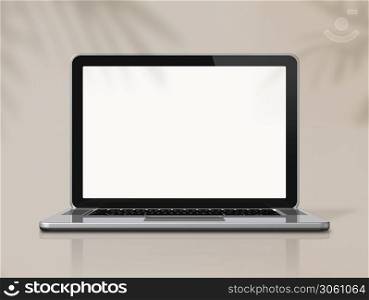 3D blank laptop computer isolated on office desk. Exotic palm leaf shadows on background. Illustration. Laptop computer on office desk