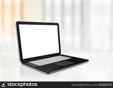 3D blank laptop computer isolated on office desk interior background. Illustration. Laptop computer on office desk