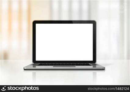 3D blank laptop computer isolated on office desk interior background. Laptop computer on office desk