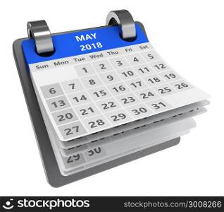 3d blue calendar isolated over white background, may 2018 page