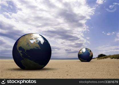 3d blue earth on a beach