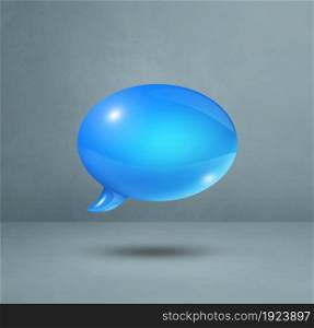 3D blue speech bubble isolated on grey square background. Blue speech bubble on grey square background