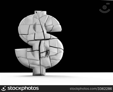 3d broken currency sign on black and white background