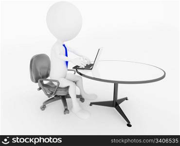 3d business man character sitting in office chair with laptop at desk