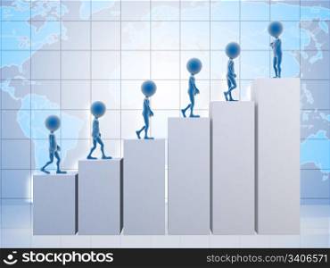 3D business men climbing a graph with one confident business man on top