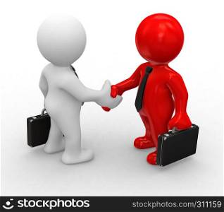3d bussiness white and red humans make a handshake