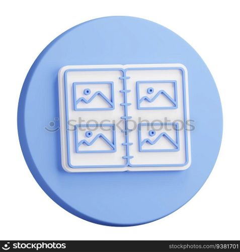 3D button rendering of Album with home seed photographs. Collection of memorable photographs in album. Realistic blue white illustration isolated on white background