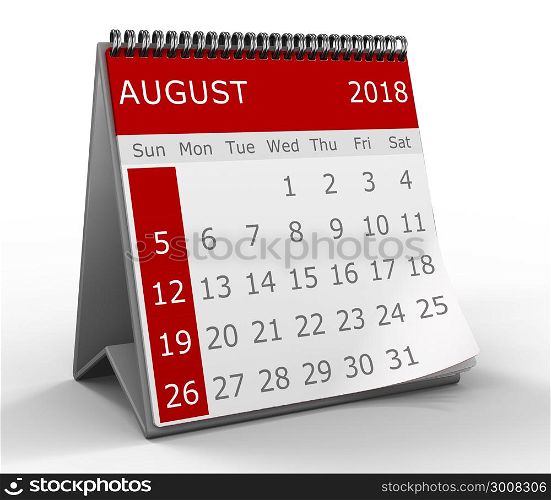 3d calendar illustration over white background, 2018 august page