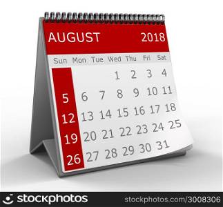 3d calendar illustration over white background, 2018 august page