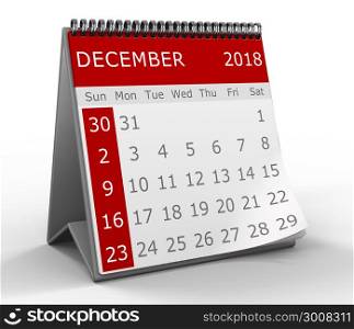 3d calendar illustration over white background, 2018 december page