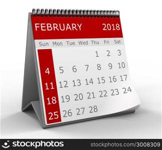 3d calendar illustration over white background, 2018 february page