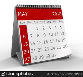 3d calendar illustration over white background, 2018 may page